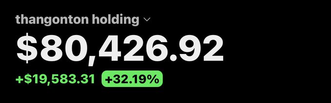 A financial dashboard showing 'thangonton holding' with a balance of $80,426.92, up $19,583.31 (+32.19%) in green text on a black background.