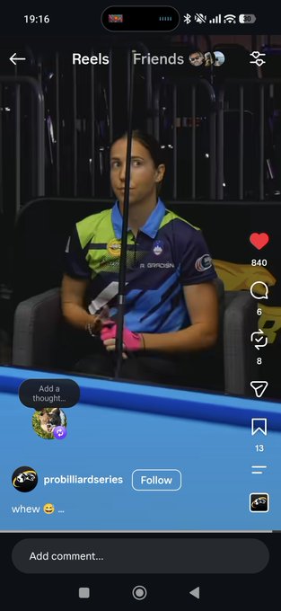 An Instagram Reel screenshot from @probilliardseries showing female billiards player Margarita Fefilova in a blue and green jersey sitting in a player's chair holding chalk, with 840 likes and the caption 'whew 😅'.