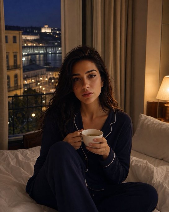A woman in navy blue pajamas sitting on a bed holding a cup of coffee at night with a city view through the window behind her.