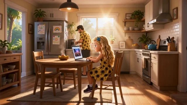 A warm, sunlit kitchen scene depicts a blonde girl in a floral dress using a laptop at a dining table while a man in a Hawaiian shirt stands nearby near the refrigerator.