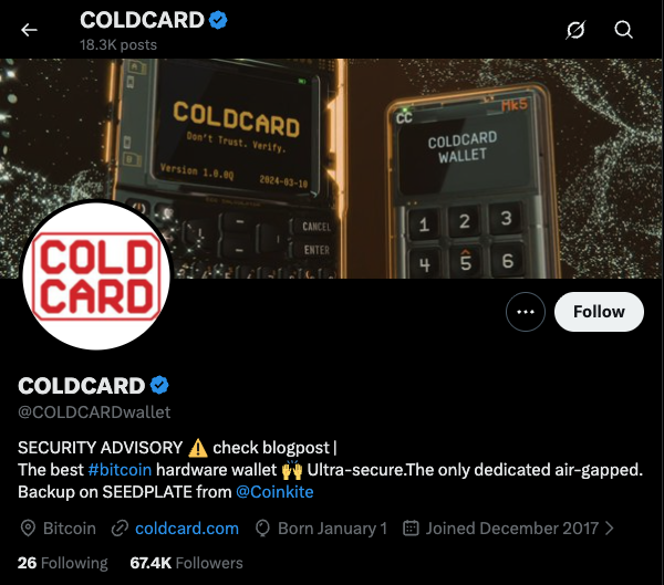 Screenshot of a Twitter/X profile for COLDCARD (@COLDCARDwallet), a Bitcoin hardware wallet, featuring photos of the device and a security advisory note.
