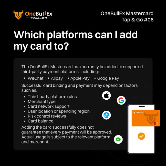 OneBullEx Mastercard informational graphic titled 'Which platforms can I add my card to?' (Tap & Go #06), listing WeChat, Alipay, Apple Pay, and Google Pay as supported third-party payment platforms.