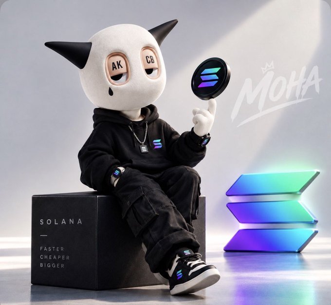 A cartoon mascot in black streetwear sits on a box labeled "SOLANA — FASTER CHEAPER BIGGER," holding up a Solana logo while a glowing 3D Solana emblem and "MOHA" branding appear beside it. The image visually echoes the post's theme by personifying the broader Solana ecosystem beyond just $SOL, with the relaxed, stylish mascot reflecting the diverse sectors (DeFi, stablecoins, RWAs, DePIN, memecoins) growing around the network.