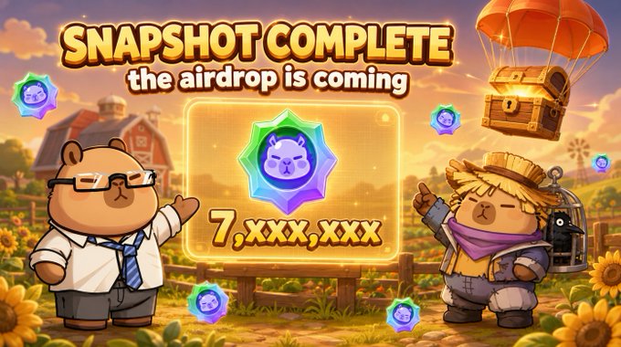 The image features two cartoon characters standing next to each other with a sign that says "SNAPSHOT COMPLETE" above them. The background of the image shows an orange balloon floating in the air, surrounded by flowers. There are also several small figures scattered throughout the scene. In the bottom right corner of the image, there is text that reads "Over in Capybobo 2, your airdrop share grows every day:". This suggests that the characters might be from a game or an app where players can earn points by completing tasks or challenges.