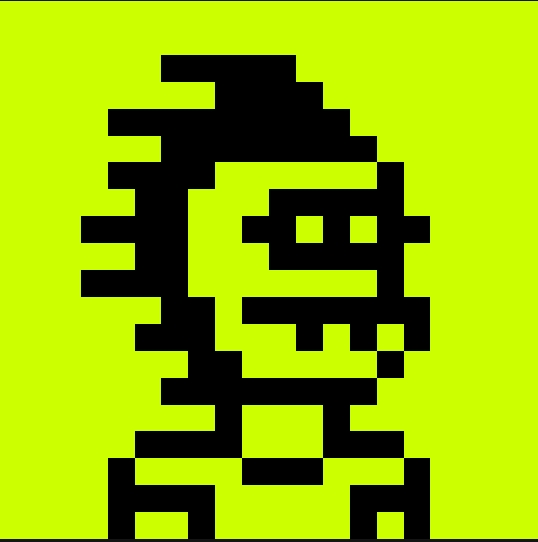 A minimalist pixel art illustration of a man's face in profile wearing sunglasses, rendered in black on a bright chartreuse background.