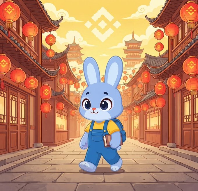 A cheerful cartoon blue bunny in overalls strolls down a lantern-lit traditional Asian street with pagodas in the background, with a Binance "B" logo floating in the sky above. The festive, relaxed scene perfectly captures the "Weekend mode: activated!" vibe of taking it easy while still being crypto-themed.