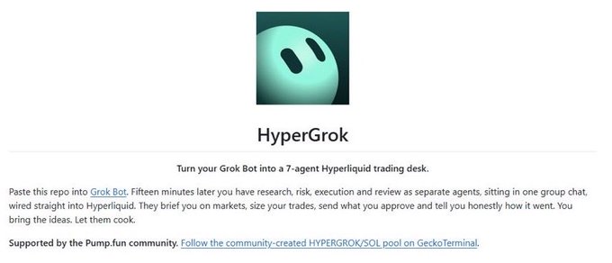 A webpage titled 'HyperGrok' describing a 7-agent Hyperliquid trading desk, with text mentioning 'Grok Bot', 'Pump.fun community', and 'HYPERGROK/SOL pool on GeckoTerminal'.