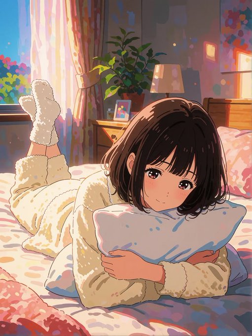 An anime-style illustration depicts a young girl with brown hair smiling while hugging a pillow on a bed in a sunlit room.