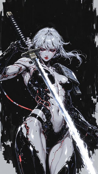 A detailed black and white anime-style illustration of a female cyborg or warrior character with short silver hair, red glowing eyes, mechanical body parts, and holding a glowing katana sword.