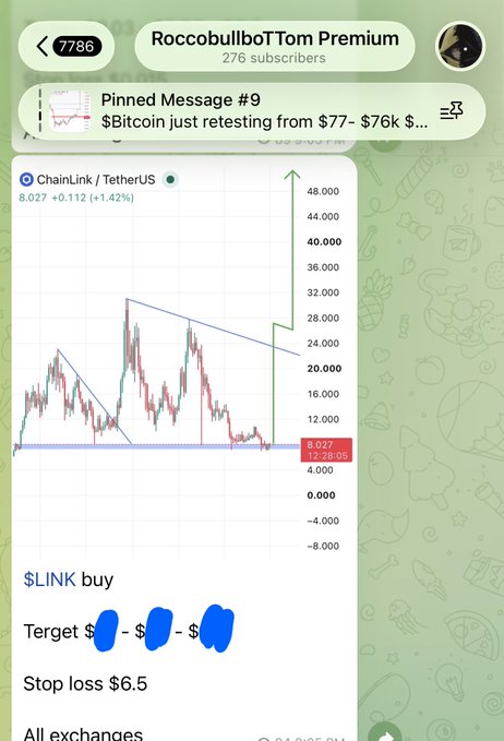A Telegram screenshot from "RoccobullboT Tom Premium" (276 subscribers) showing a pinned message "Pinned Message #9: $Bitcoin just retesting from $77 - $76k..." and a ChainLink/TetherUS (LINK/USDT) price chart at $8.027 (+1.42%), with a "$LINK buy" signal highlighting targets at $19, $28, and $58 with a stop loss at $6.5, confirming the post's claim that the LINK trade is beginning its move toward the first target.