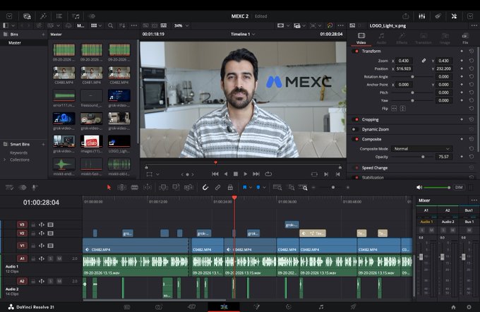 DaVinci Resolve video editing software interface showing a man with a beard and striped shirt in front of a MEXC logo on the preview screen.