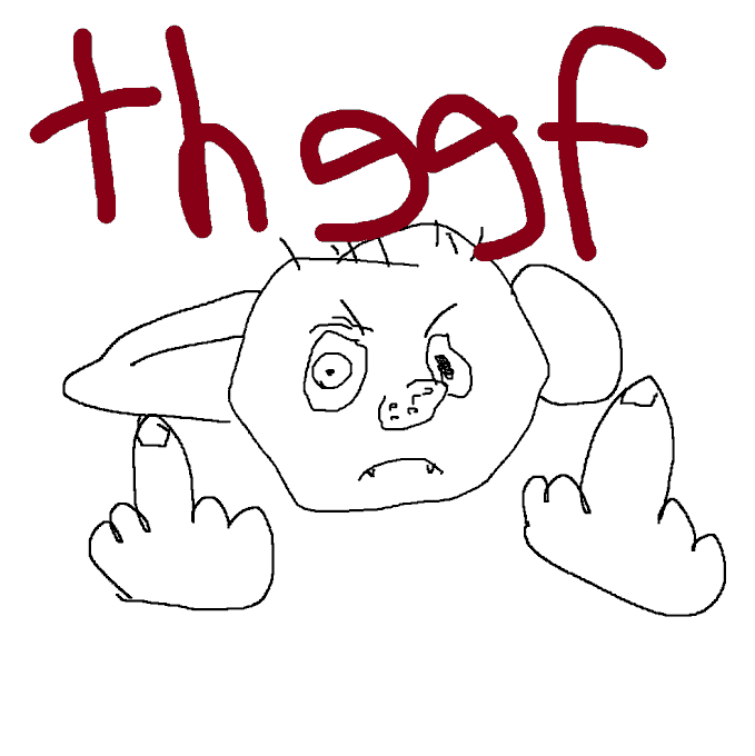 A crude digital drawing of a creature with the misspelled word "thogf" written in dark red above it.