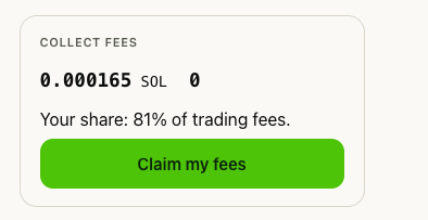 The image shows a "Collect Fees" panel displaying 0.000165 SOL available to claim, noting the user's share is 81% of trading fees, with a green "Claim my fees" button. It illustrates the revenue-sharing feature of borin.fun, where memecoin creators on the Solana platform receive 81% of the trading fees generated by their token.