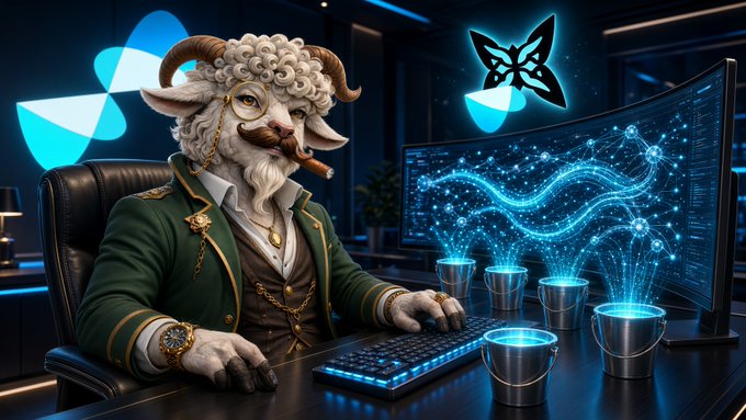 An anthropomorphic sheep in a green velvet suit and monocle sits at a futuristic desk with glowing blue nodes and a holographic network display, projecting a confident, aristocratic image that matches the post's boast about being early to the points.quip.network launch and Season 4 drop.