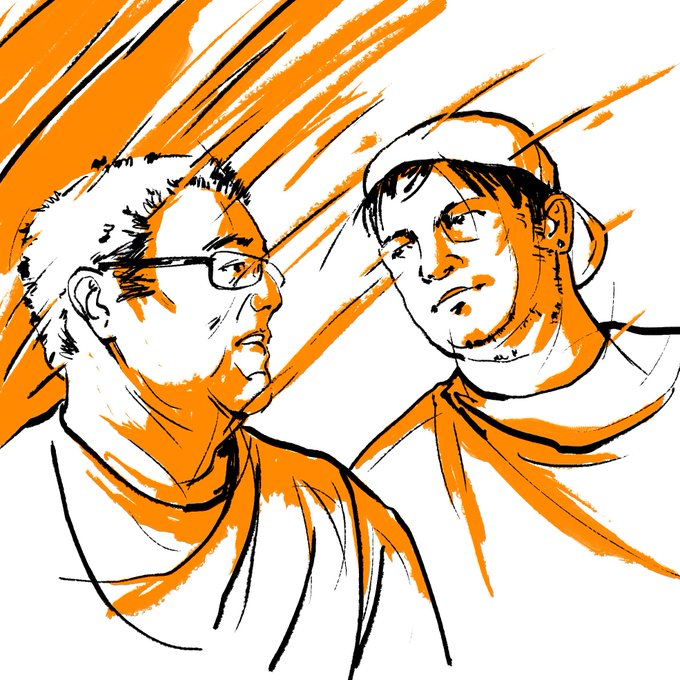 An orange and black ink-style illustration of two young men facing each other, one wearing glasses, rendered with sketchy, energetic brush strokes.
