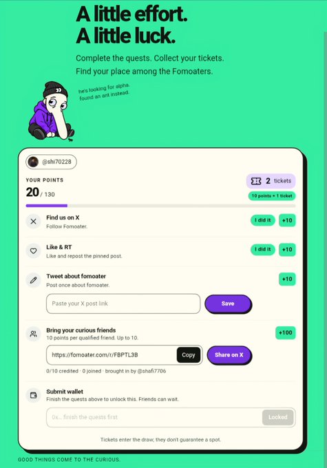 A green and white mobile app interface titled 'A little effort. A little luck.' showing a points system for 'Fomoater' quests like following on X and liking posts.