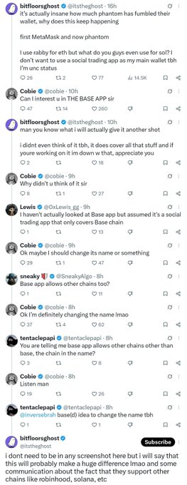 A screenshot of a Twitter/X thread where users including Cobie, Lewis, tentaclepapi, and sneaky discuss the possibility of renaming Base app to cover other chains beyond just Base. The conversation touches on metrics like "base(d) idea," wallet discussions involving Robinhood, Solana, and Phantom, with engagement numbers ranging from 19 to 260 likes, and the caption "that didn't take long" suggests the rapid response to the speculation.