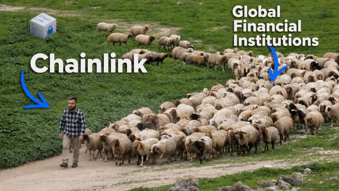 The image shows a shepherd labeled "Chainlink" guiding a massive flock of sheep labeled "Global Financial Institutions" along a dirt path in a green field. This visual metaphor perfectly illustrates the post's message about Chainlink ($LINK) leading traditional financial institutions as they transition to blockchain technology.