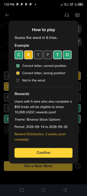 A mobile phone screenshot of a 'How to play' instruction modal for a Wordle-style game on Binance, explaining the rules (e.g., 'CRYPTO') and noting rewards including a '10,000 USDC rewards pool' for users with 5 wins and a $50 trade.