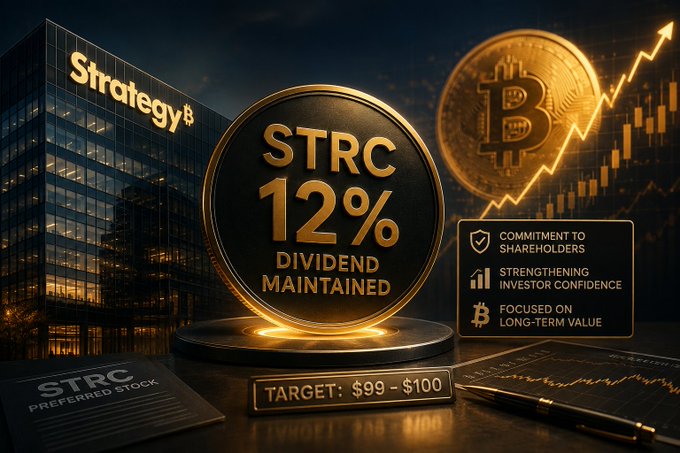 A promotional graphic for 'Strategy' and 'STRC' with a large coin stating '12% DIVIDEND MAINTAINED', alongside a Bitcoin graphic, a stock chart, and text mentioning 'TARGET: $99 - $100'.