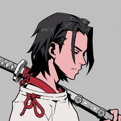 An anime-style illustration depicts a dark-haired samurai with a red collar in profile, carrying a katana over his shoulder.