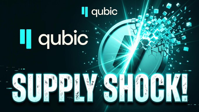 The image features the "Qubic" logo and branding with bold "SUPPLY SHOCK!" text overlaid on a dramatic shattering coin graphic, suggesting a video thumbnail about Qubic news or updates shared in the channel post.
