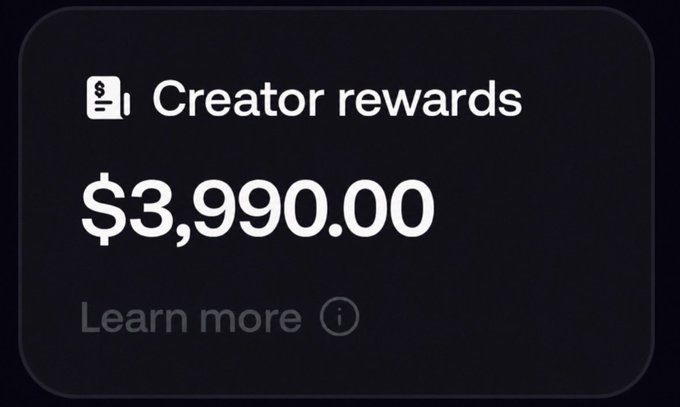 A dark-themed interface displays 'Creator rewards' with a balance of '$3,990.00' and a 'Learn more' option.