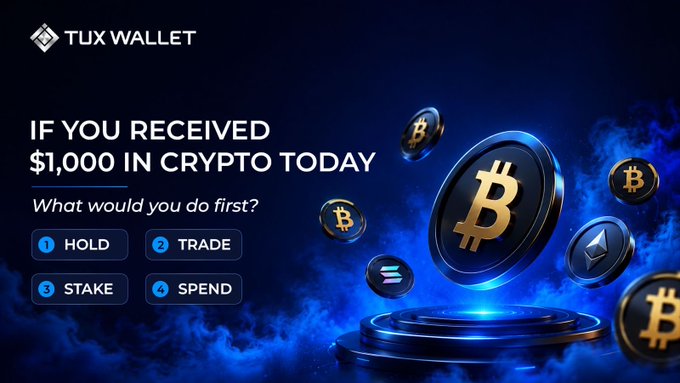 TUX Wallet promotional graphic asking 'IF YOU RECEIVED $1,000 IN CRYPTO TODAY, What would you do first?' with options to HOLD, TRADE, STAKE, or SPEND, featuring Bitcoin and Ethereum coins.