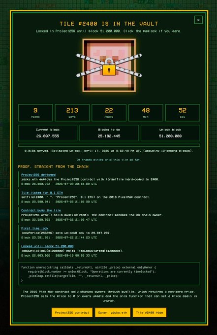 A blockchain interface showing 'TILE #2400 IS IN THE VAULT' with a countdown of 9 years, 213 days, 22 hours, 48 minutes, 52 seconds until unlock, along with technical blockchain details.