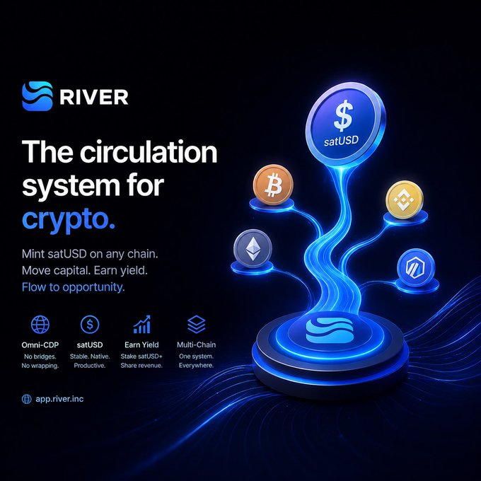 A promotional graphic for 'RIVER' describing it as 'The circulation system for crypto,' showing visual connections between satUSD, Bitcoin, BNB, Ethereum, and other cryptocurrencies with features like Omni-CDP, satUSD, Earn Yield, and Multi-Chain.