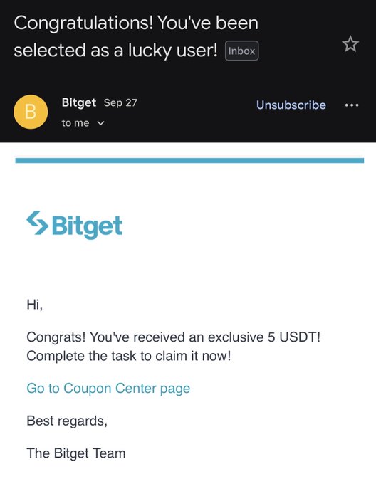 A screenshot of a Gmail message from Bitget dated Sep 27 stating 'Congratulations! You've been selected as a lucky user!' and offering an 'exclusive 5 USDT' via a 'Go to Coupon Center page' link.
