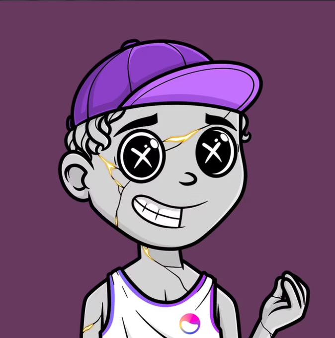 A digital illustration of a cartoon character with gray skin, X-shaped eyes, golden crack-like lines, and a purple cap against a solid purple background.