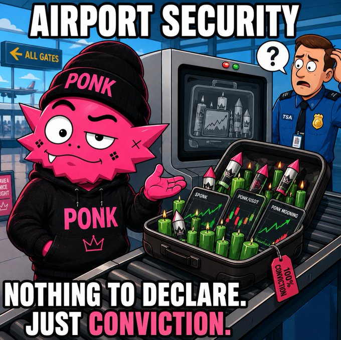 An amusing illustration of an airport security area with a pink monster, wearing a black hat and a "PONK" shirt, standing next to his suitcase filled with rockets and candles. The text above the picture reads, "Airport Security: Nothing to Declare," meaning that there are no restrictions or requirements for declaring items like rocket fuel in this particular setting. A second sentence below inquires about why someone would just want to conviction.