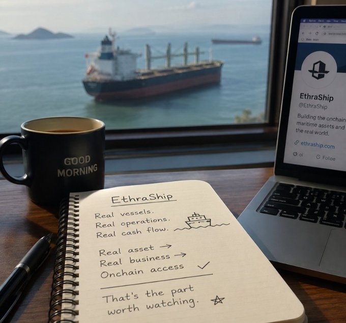 A workspace by a window overlooking cargo ships at sea, featuring a 'GOOD MORNING' mug, a notebook listing 'EthraShip' notes about real vessels, operations, and onchain access, and a laptop showing the @EthraShip profile with the tagline 'Building the onchain maritime assets and the real world.'