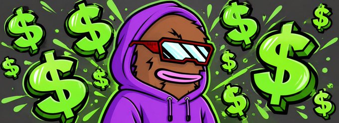 A cartoon character wearing a purple hoodie and red sunglasses stands against a background filled with green dollar signs, symbolizing wealth and financial success.

The image ties directly to the post's promotion of "$Landwolf," a new memecoin by the team behind "$BRETT," which reportedly reached a 2 billion market cap—visually reinforced by the abundance of dollar signs suggesting potential profits for those who "bet on Brett."