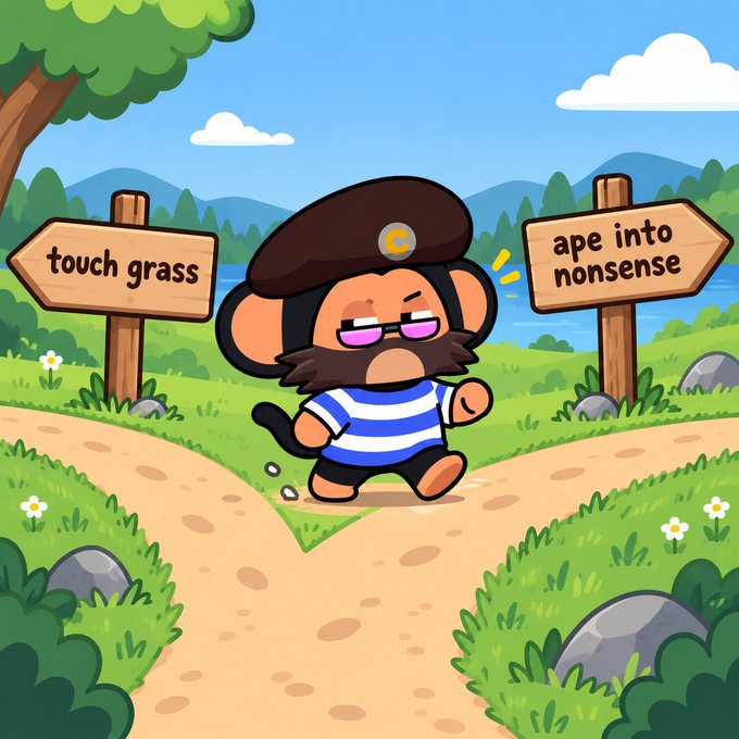 A cartoon illustration of a monkey-like character wearing a beret, sunglasses, and a striped shirt standing at a fork in a dirt path, with wooden signs reading 'touch grass' and 'ape into nonsense'.