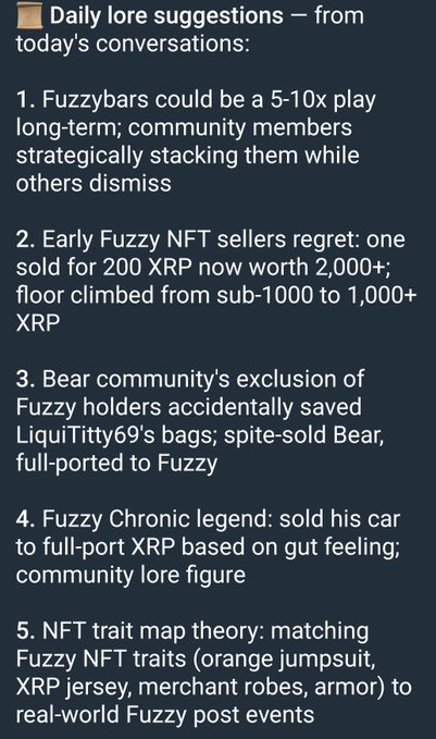 A dark-themed text graphic displaying "Daily lore suggestions — from today's conversations," listing five key talking points about the $FUZZY NFT project, including that it could be a 5-10x play long-term, early sellers regret missing gains (200 XRP sold vs. 2,000+ current value), the bear community's exclusion of Fuzzy holders backfired, the legend of "Fuzzy Chronic" selling his car to full-port into XRP, and a popular NFT trait map theory. This supports the accompanying post urging people to join the Fuzzy Bear Telegram community.