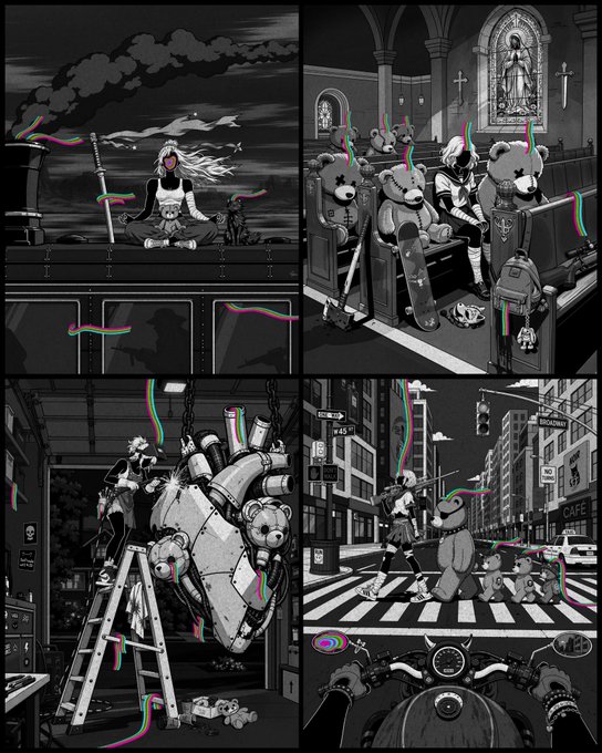 A black-and-white, four-panel comic strip showing various scenes with characters, bears, and a large mechanical heart, each overlaid with colorful, glitch-like ribbons of red, cyan, and green.