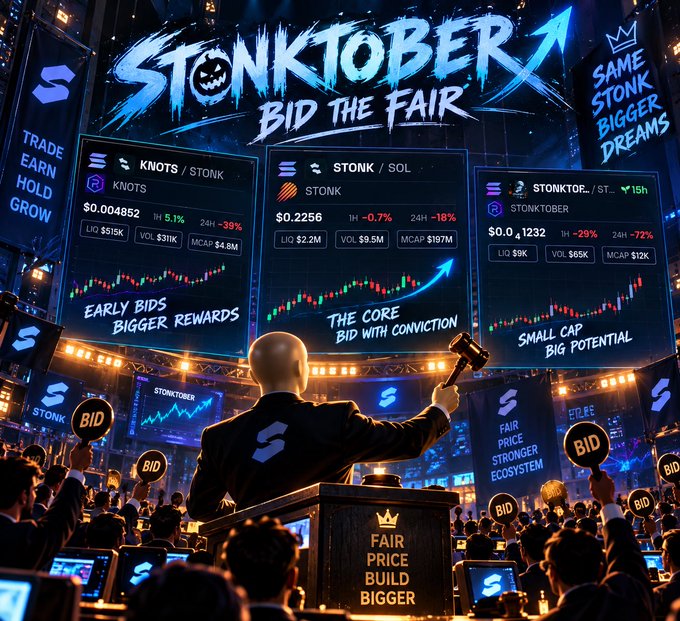 Promotional poster for "STONKTOBER - BID THE FAIR" featuring stock-style charts for KNOTS/STONK, STONK/SOL, and STONKTOBER/STSTONK, an auctioneer holding a gavel, and slogans like "Trade Earn Hold Grow," "Same Stonk Bigger Dreams," and "Fair Price Build Bigger."