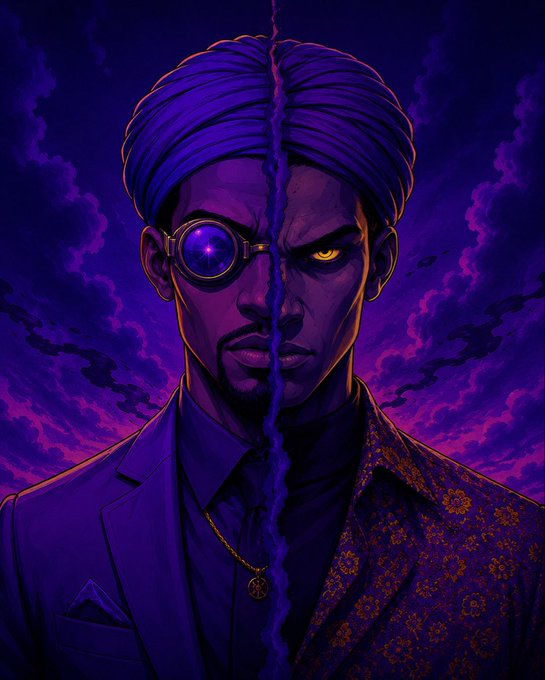 A stylized digital illustration of a purple-skinned man with slicked-back hair, a glowing purple monocle over his right eye, and a glowing yellow right eye, wearing a patterned blazer against a dramatic purple cloudy background.