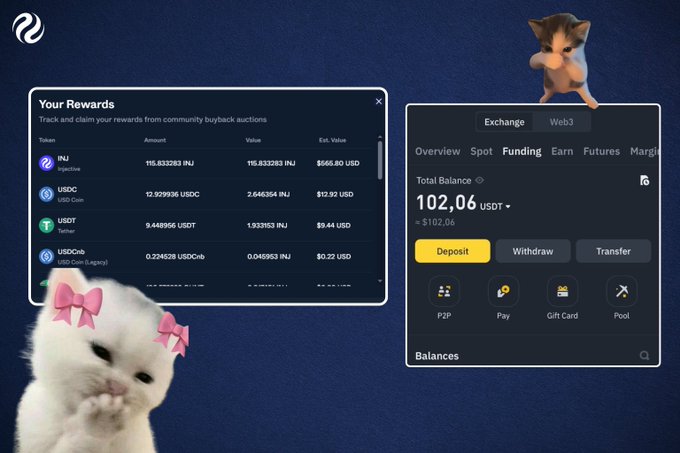 A cryptocurrency dashboard (appears to be BingX or similar exchange) showing 'Your Rewards' with INJ, USDC, USDT balances, a total balance of 102.06 USDT, decorated with cartoon cat and dog stickers with pink bows.