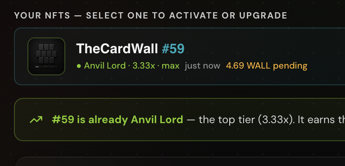 A dark interface displays "YOUR NFTS — SELECT ONE TO ACTIVATE OR UPGRADE" with a selected NFT titled "TheCardWall #59," currently at "Anvil Lord · 3.33x · max" tier with "4.69 WALL pending," alongside a confirmation noting "#59 is already Anvil Lord — the top tier (3.33x)." This aligns with the post's claim of achieving Anvil Lord status across all 3 Special Projects, visually verifying the #59 tier.