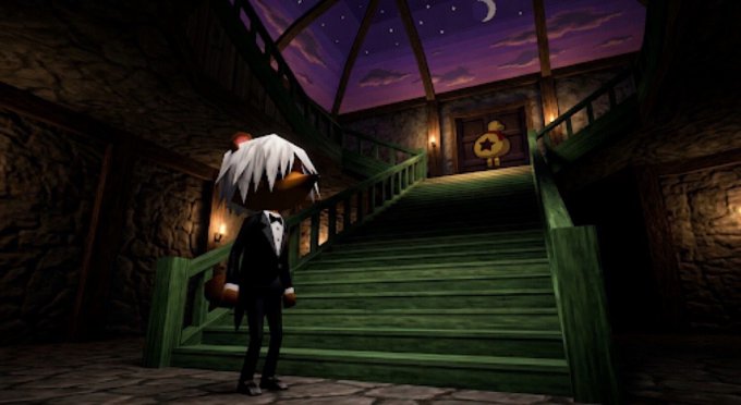 A 3D-rendered scene of a character in a black tuxedo with white spiky hair and a pumpkin-like head standing at the base of a green staircase, looking up at a large door marked with a club symbol under a starry night sky.