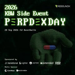 A promotional graphic for '2026 KBW Side Event PERPD EXDAY' on 20 Sep 2026 in Seoul, hosted by Redoux, with a green bear silhouette overlaying a pill graphic.