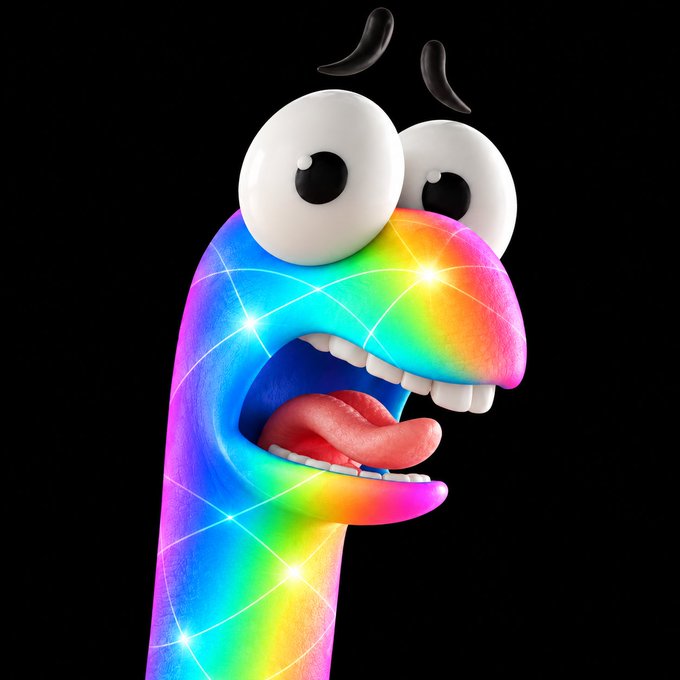 A 3D cartoon character with a long rainbow-colored, grid-patterned neck, large bulging eyes, and an open mouth showing its tongue and teeth against a black background.