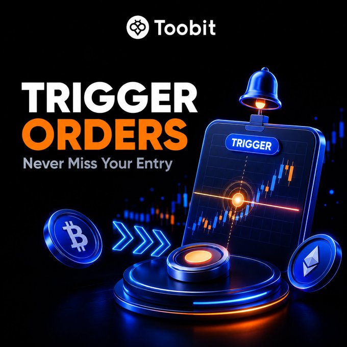 The image is a promotional graphic for Toobit featuring the text "TRIGGER ORDERS - Never Miss Your Entry," alongside 3D-rendered visuals of a Bitcoin coin, an Ethereum coin, a trading chart with a "TRIGGER" button, a notification bell, and directional arrows. It visually reinforces the post's message about using Trigger Orders to automatically execute crypto trades at target prices, emphasizing automation and precision in trading on the Toobit platform.
