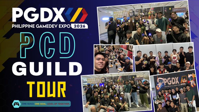 A promotional graphic for the 'PGDX 2026 Philippine GameDev Expo' featuring the text 'PCD GUILD TOUR' and 'ONE GUILD, ONE GOAL, LEVEL UP TOGETHER!', alongside several photos of attendees.