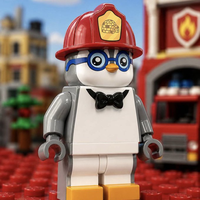 A Lego penguin minifigure wearing a red firefighter helmet, blue glasses, a black bow tie, and white apron stands on a red Lego base.