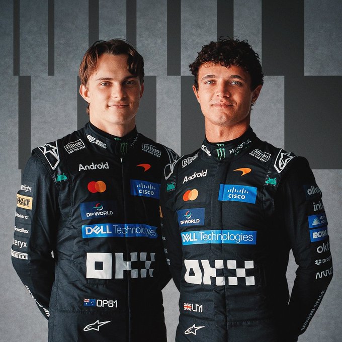 Two McLaren Formula 1 drivers pose together in their team race suits, featuring sponsors like Dell Technologies, Cisco, DP World, Android, and Mastercard, with names "P81" (Piastri) and "LN4" (Norris) visible on their suits—likely a promotional photo ahead of the Italian Grand Prix at Monza.