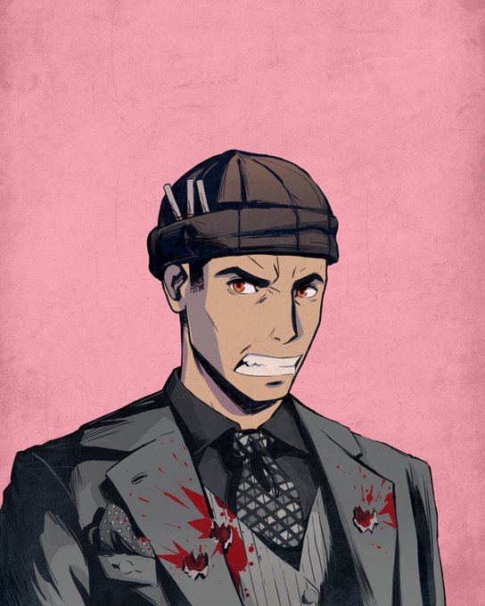 An anime-style illustration of an angry man in a suit and tie with a cigarette in his cap, set against a pink background, with blood splatters on his chest.